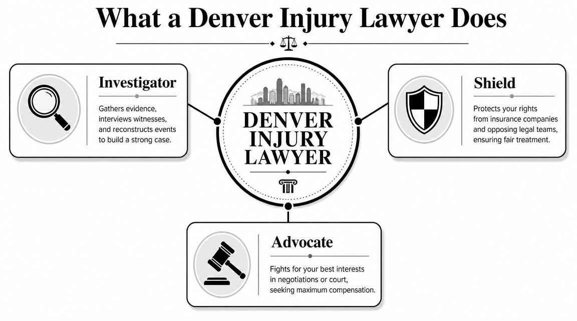 An infographic illustrating the three key roles of a Denver injury lawyer: investigator, shield, and advocate.