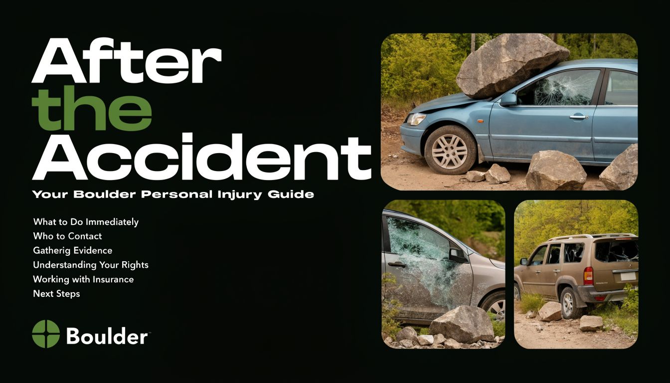 A personal injury guide for accident victims in Boulder featuring photos of cars damaged by large rocks.