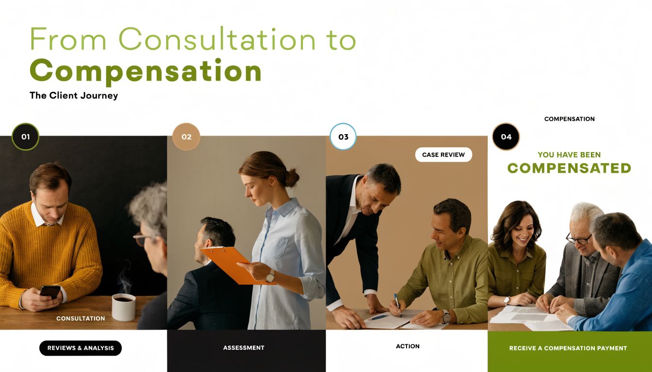 A four-step infographic illustrating the client journey from initial consultation to receiving final compensation payment.