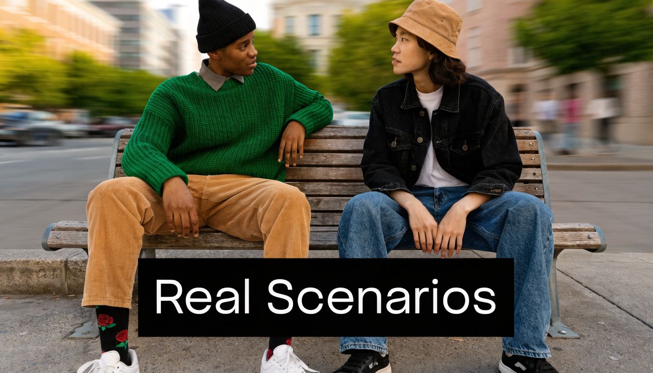 Two diverse friends sitting on a park bench talking in an urban environment with blurred street background.