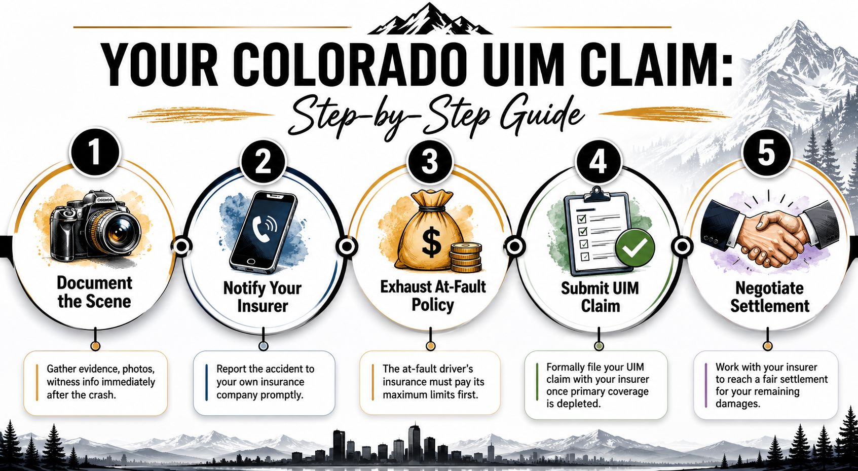 A five-step infographic guide explaining the process for filing an underinsured motorist claim in Colorado.