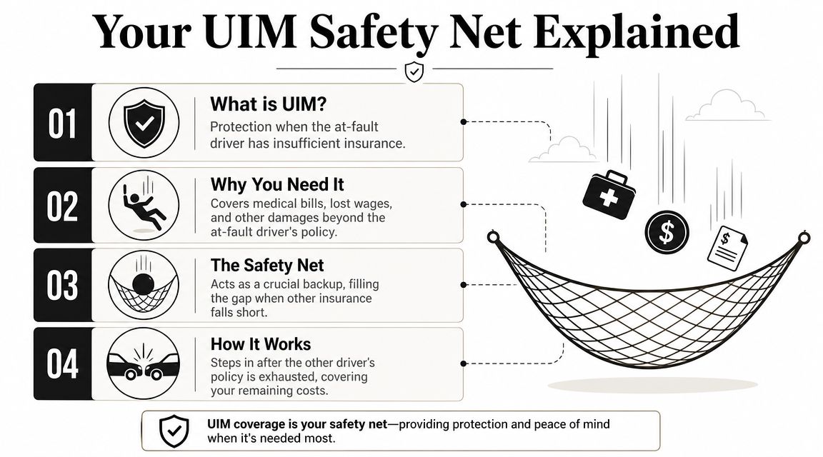An infographic explaining underinsured motorist insurance with four points detailing protection, coverage, and how it works.
