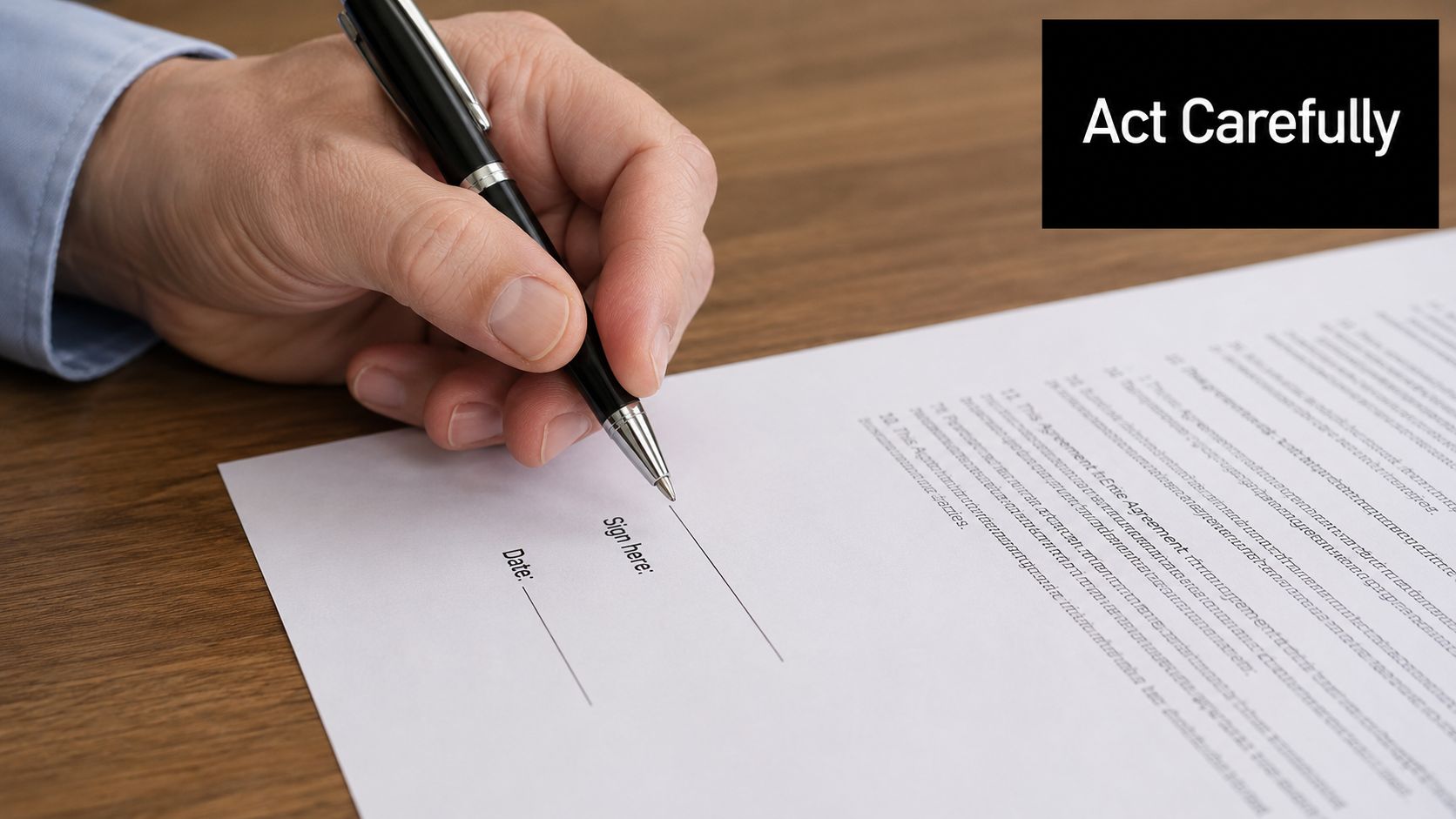 A close-up shot of a person signing a formal legal document on a wooden desk.