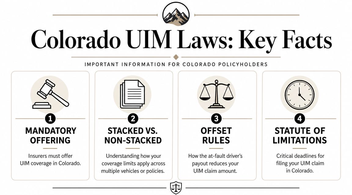 An infographic titled Colorado UIM Laws: Key Facts summarizing important insurance information for Colorado policyholders.