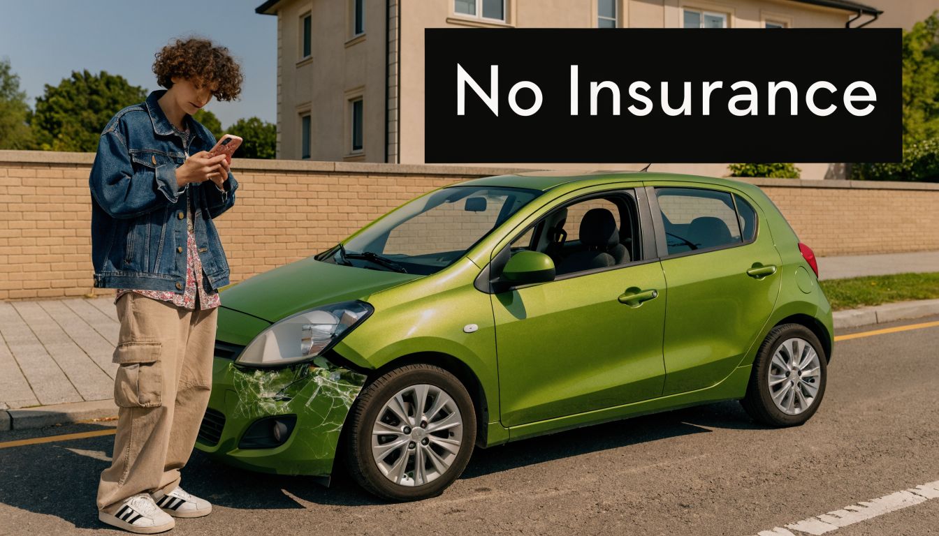 A young person looking at a smartphone next to a green car with a damaged front bumper.