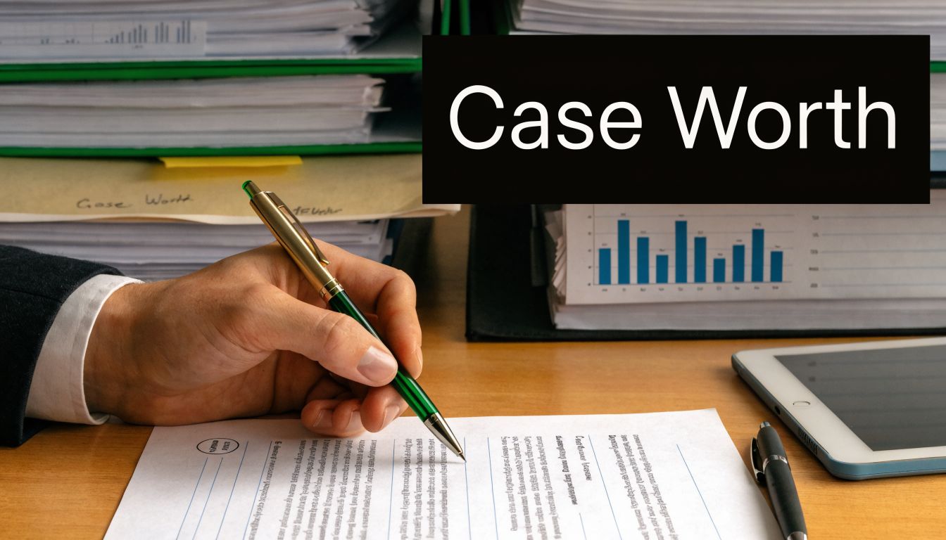 A professional analyzing legal paperwork with a gold pen at a desk with charts and files.