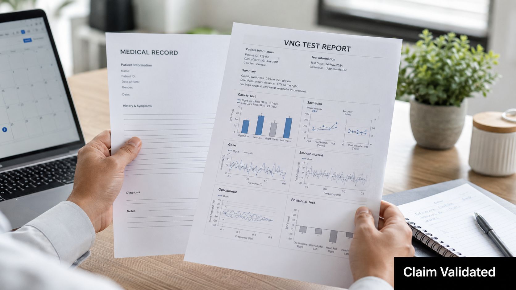 A person holding a medical report for a VNG vestibular test while sitting at a desk.