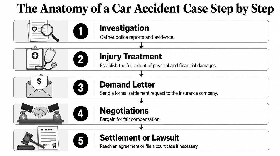 A step-by-step infographic showing the five stages of a legal car accident case process.