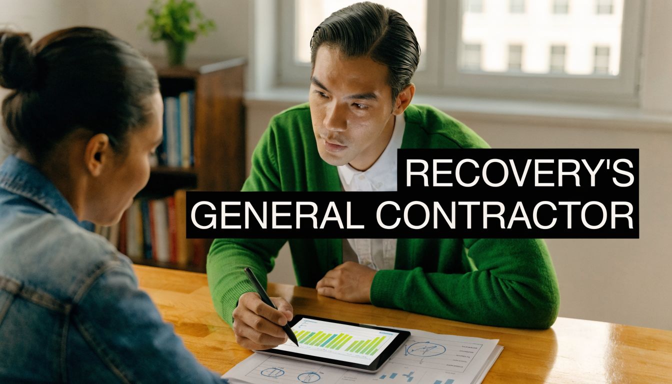 A man in a green sweater reviewing financial charts on a tablet with a colleague during a meeting.