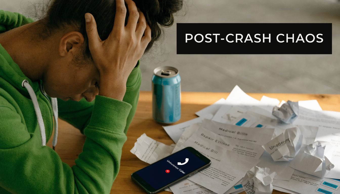 A person looking stressed while surrounded by medical and repair bills after a car accident.