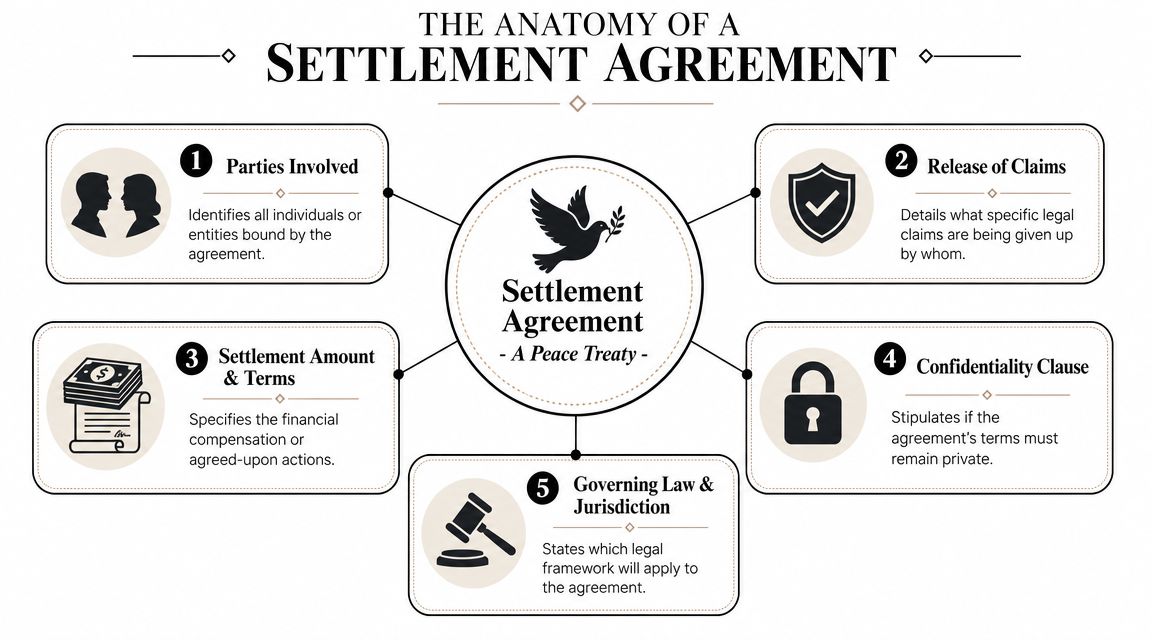 An infographic titled The Anatomy of a Settlement Agreement explaining the five essential components of a legal agreement.