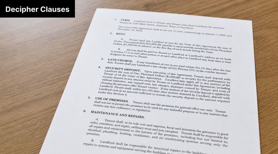 A printed lease agreement document sitting on a wooden desk, focusing on legal contract clauses.