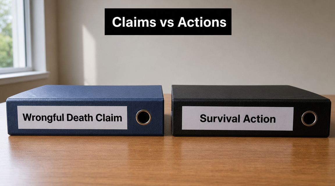 Two binders labeled Wrongful Death Claim and Survival Action sit on a wooden table, symbolizing legal cases.