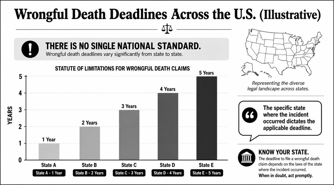 A bar chart illustrating the varying statutes of limitations for wrongful death lawsuits across different U.S. states.