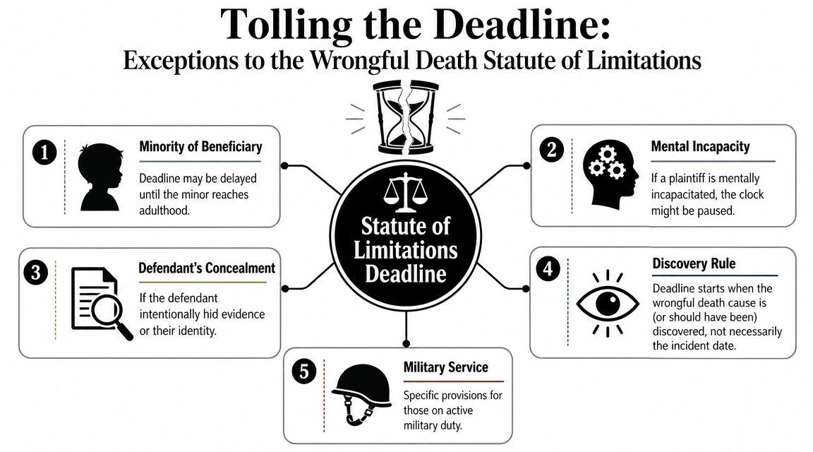 An infographic detailing five common exceptions that can toll or pause a wrongful death statute of limitations deadline.