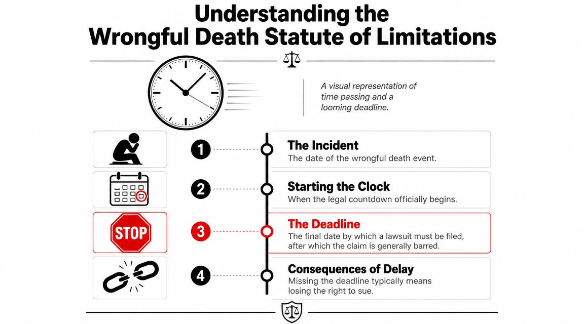 A four-step infographic explaining the wrongful death statute of limitations and the consequences of missing legal deadlines.