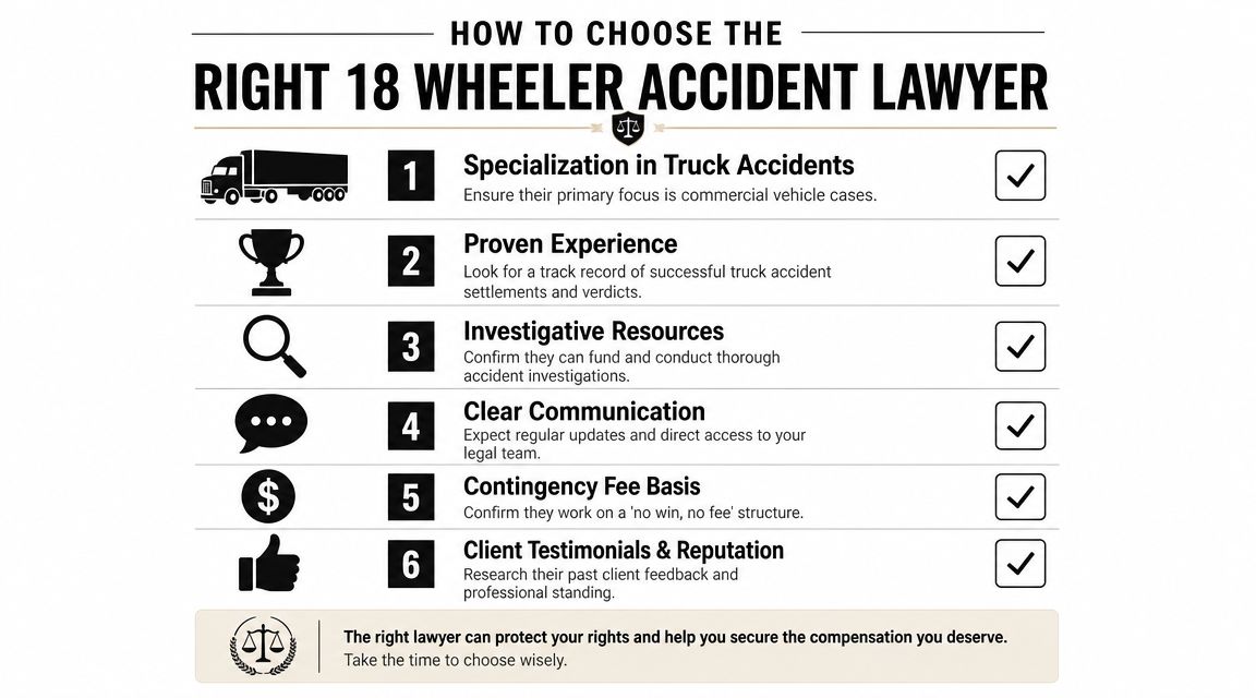 An infographic titled how to choose the right 18 wheeler accident lawyer with six key steps.
