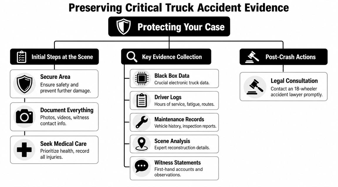 An infographic detailing essential steps and evidence collection methods after an 18-wheeler truck accident.