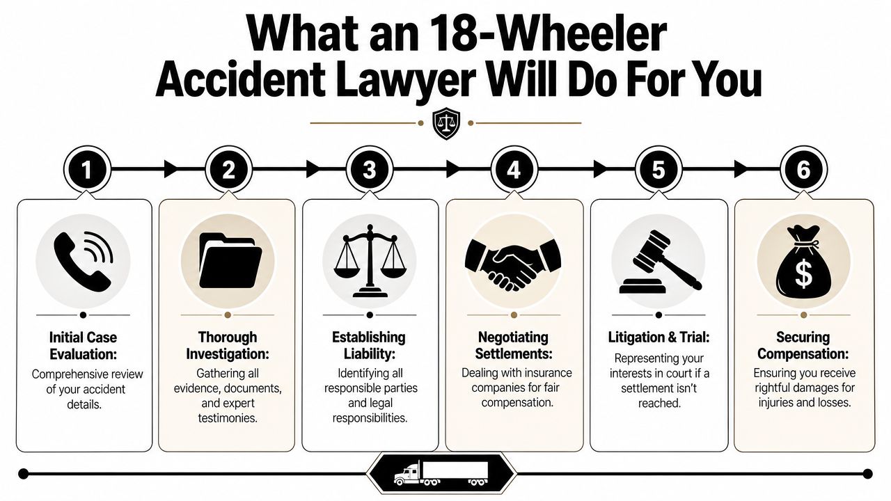 A step-by-step infographic showing the six stages of legal representation provided by an 18-wheeler accident lawyer.