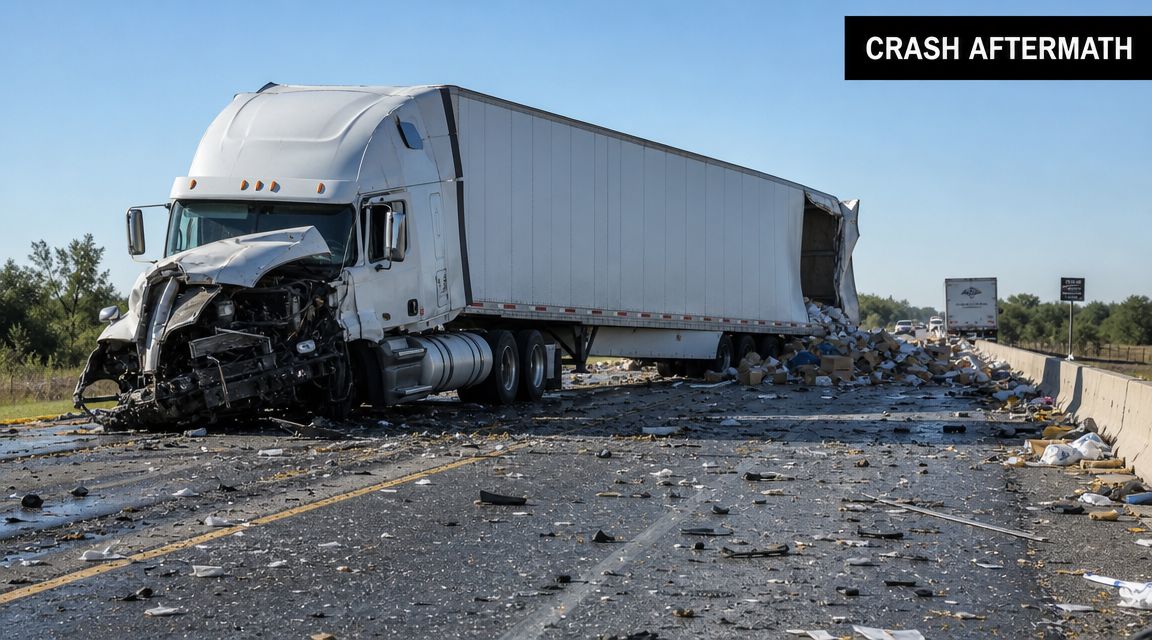 A severely damaged white semi-truck sits on a highway surrounded by debris from its spilled cargo.