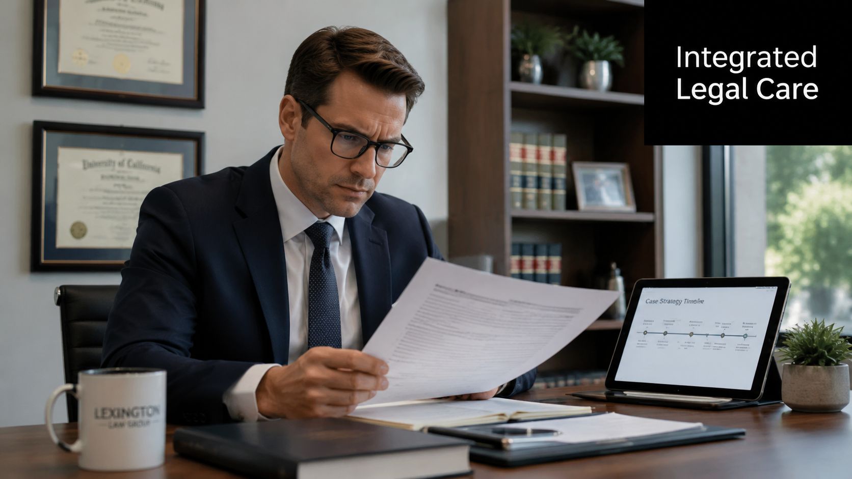 A professional lawyer wearing glasses reviews legal documents at his desk in an office setting.