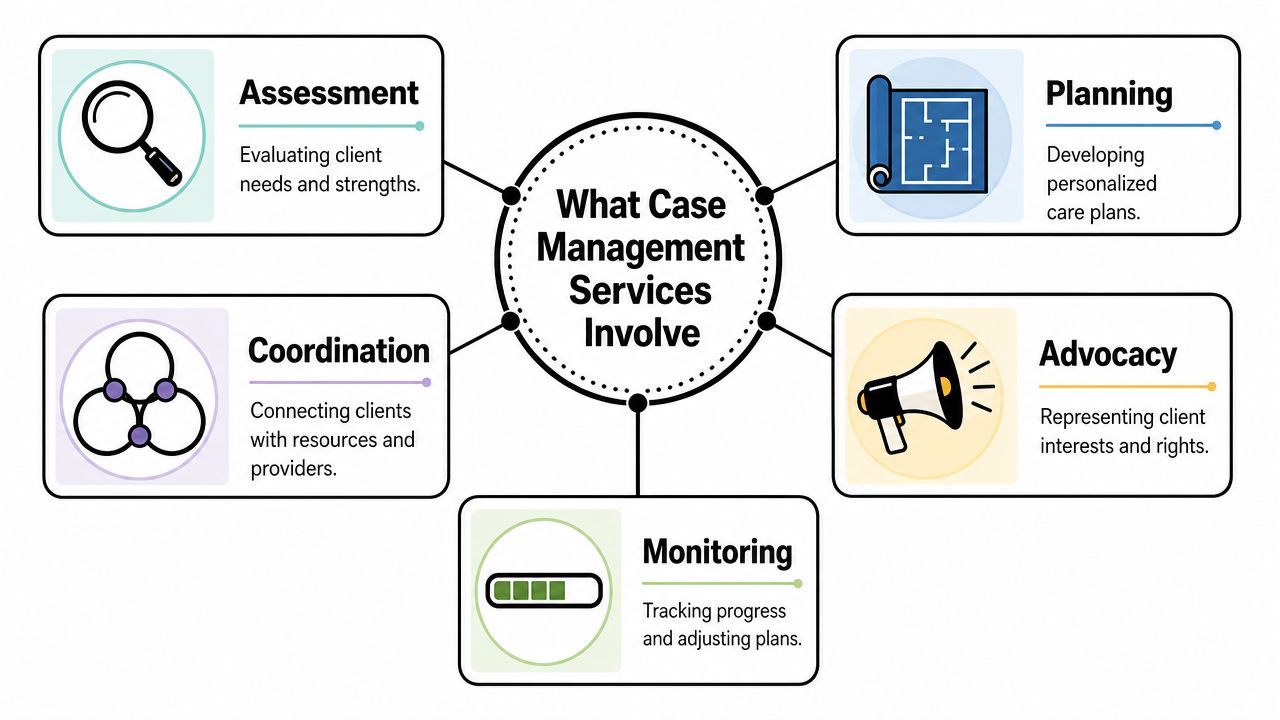 A diagram illustrating the five core components of case management services including assessment, planning, coordination, advocacy, and monitoring.