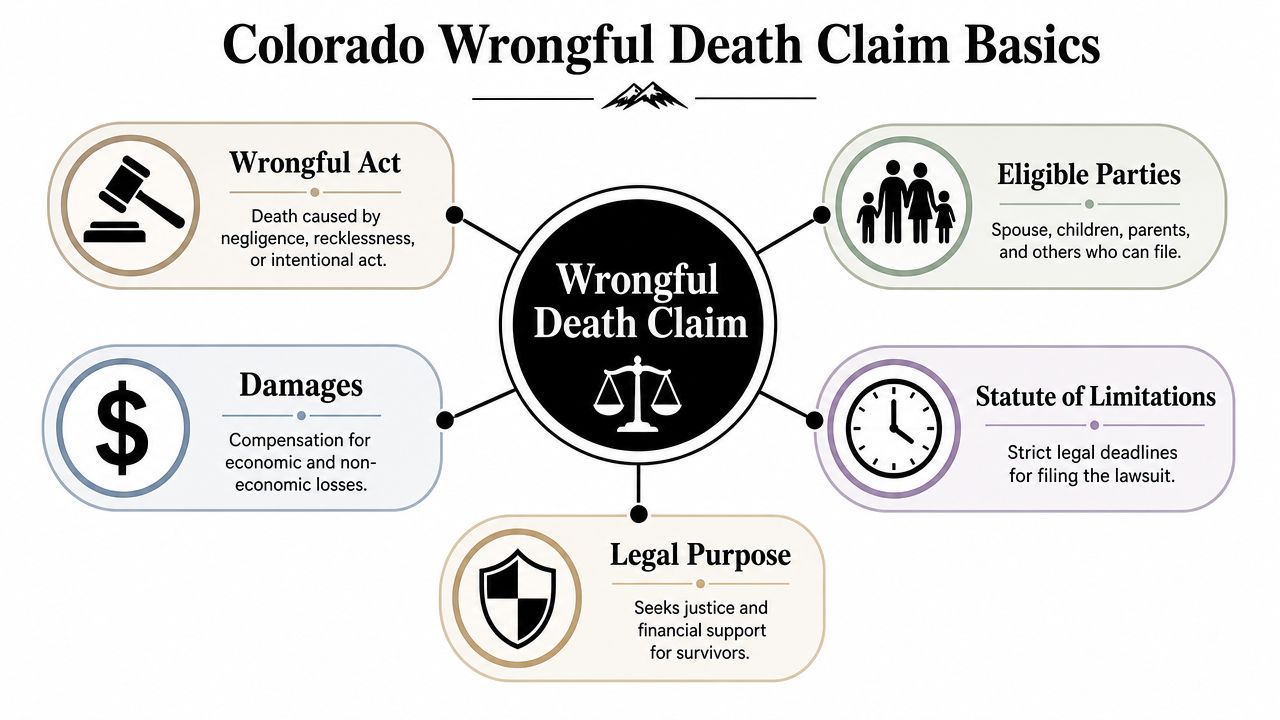 An infographic summarizing the key components of Colorado wrongful death claims, including legal acts, damages, and statutes.