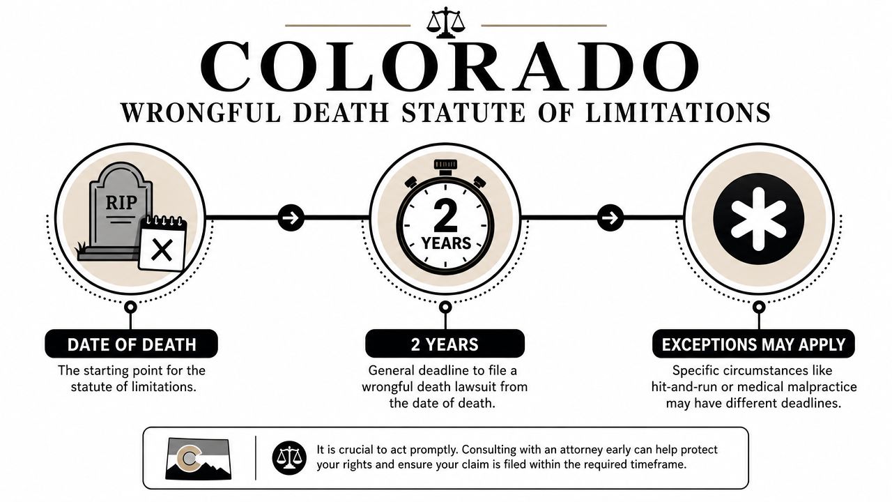 An infographic showing the Colorado wrongful death statute of limitations, highlighting a two-year filing deadline.