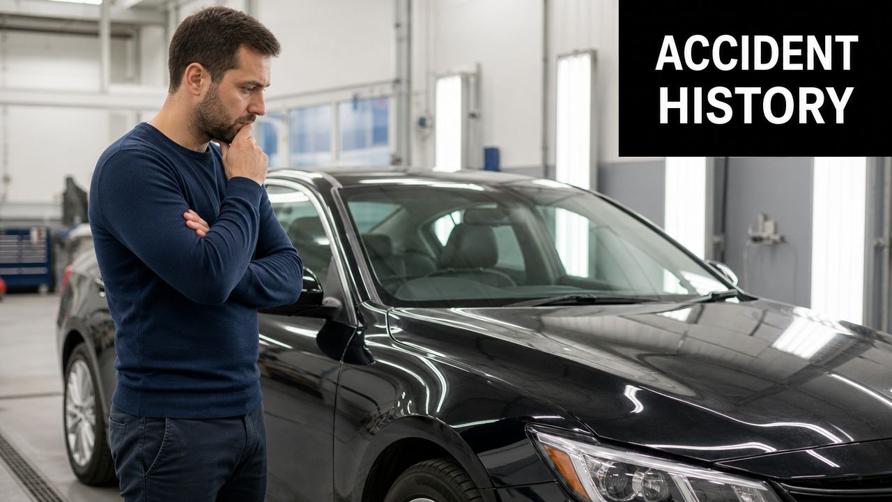 A man stands thoughtfully in a workshop looking at a black car while considering its accident history.