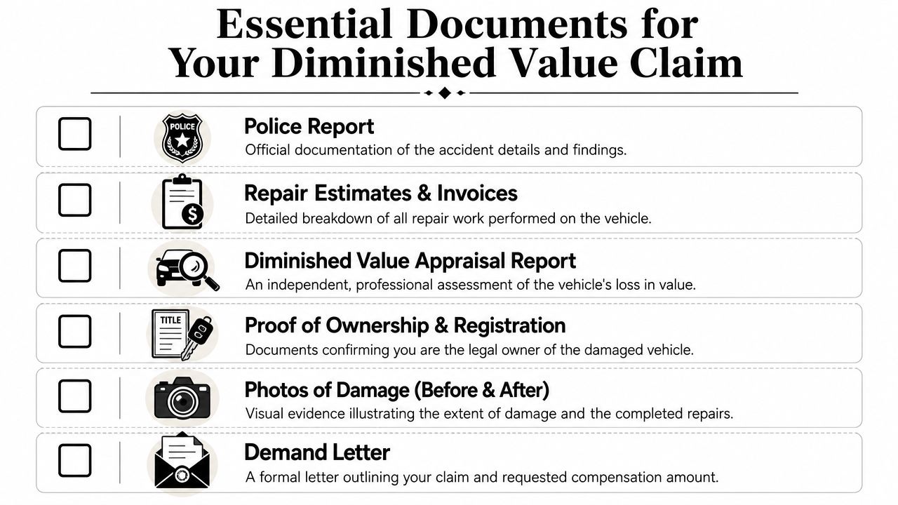 A checklist of essential documents required to file a car accident diminished value insurance claim.