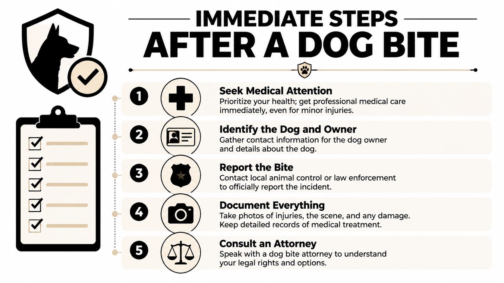 An infographic titled Immediate Steps After a Dog Bite with five numbered steps for victims.