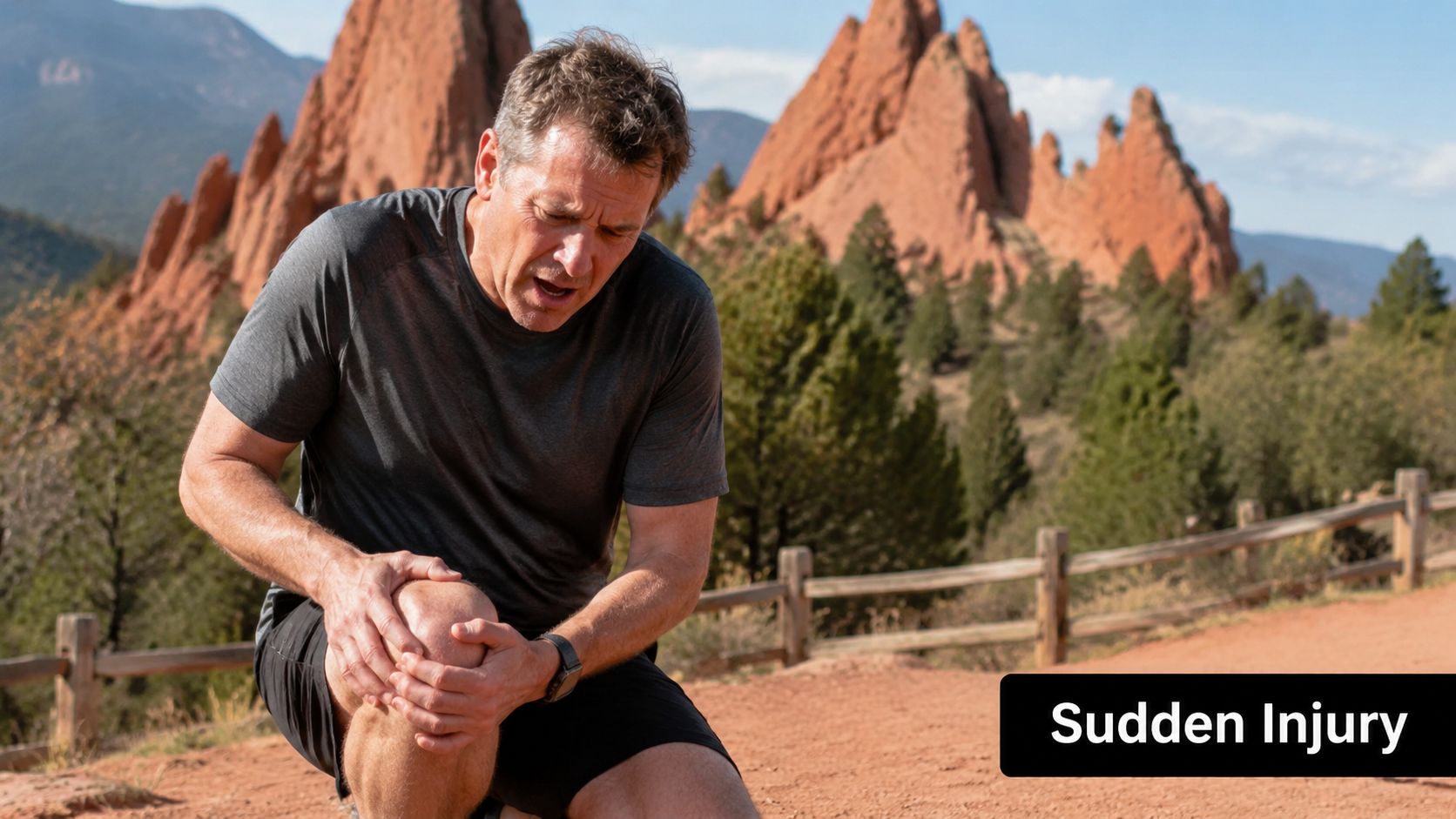 A middle-aged man kneeling on a dirt path in pain, clutching his injured knee outdoors.