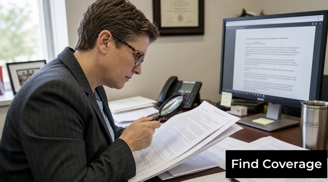 A professional woman wearing glasses examines documents with a magnifying glass at an office desk.