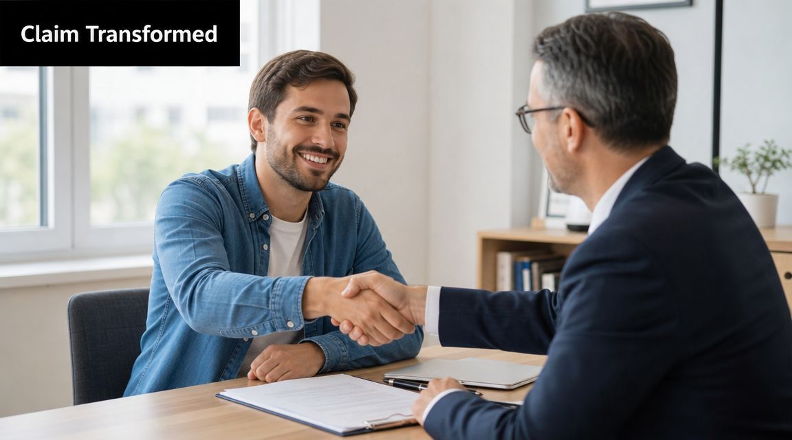 A smiling young man in a denim shirt shaking hands with a professional advisor over paperwork.