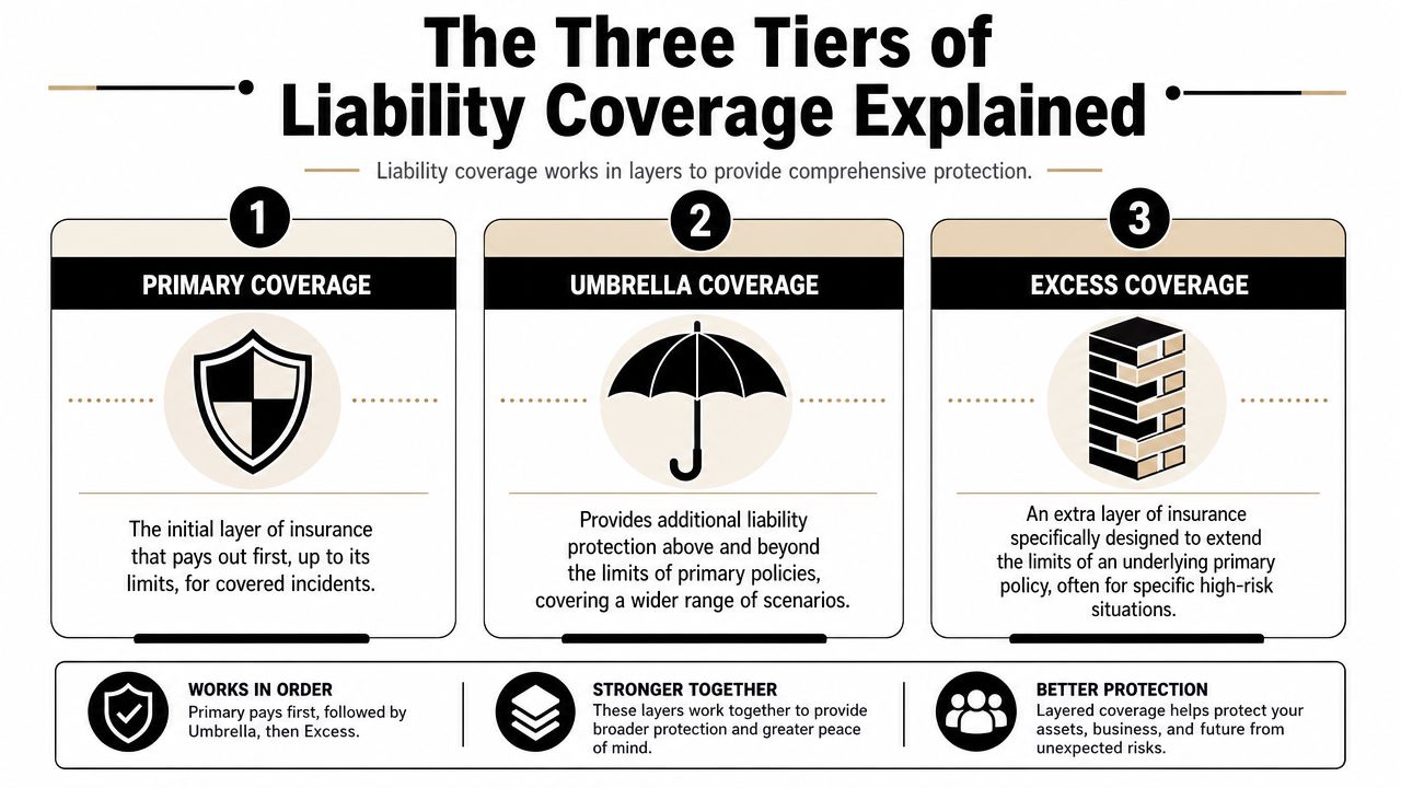An infographic showing the three tiers of liability insurance coverage: primary, umbrella, and excess.