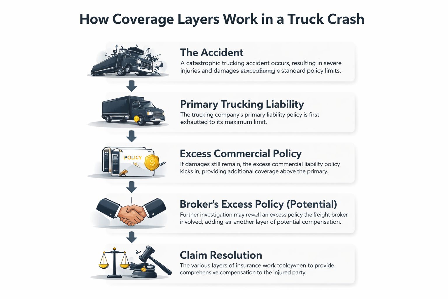 A flow chart illustrating the layers of insurance coverage in a catastrophic trucking accident lawsuit.