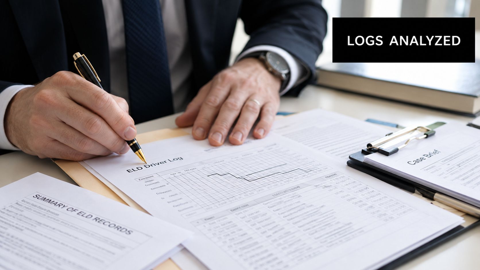 A professional analyzing and filling out ELD driver log documents at a desk in an office.