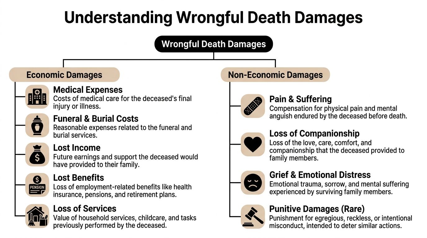 An infographic detailing the various economic and non-economic damages involved in a wrongful death claim.