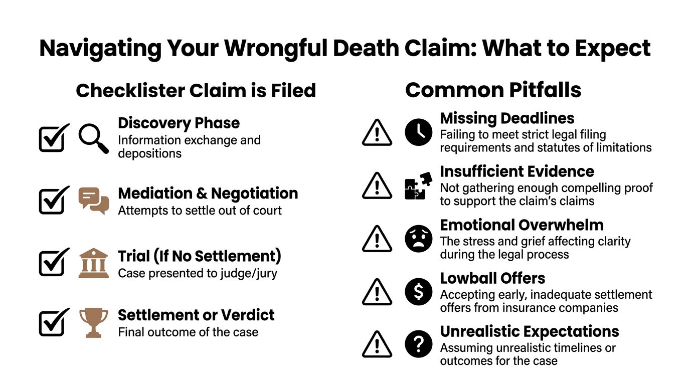An infographic showing the stages of a wrongful death claim and common pitfalls to avoid during litigation.