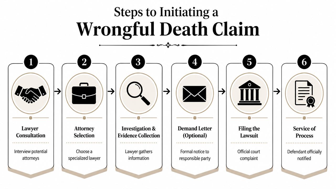 A six-step infographic illustrating the professional process for initiating a legal wrongful death claim.