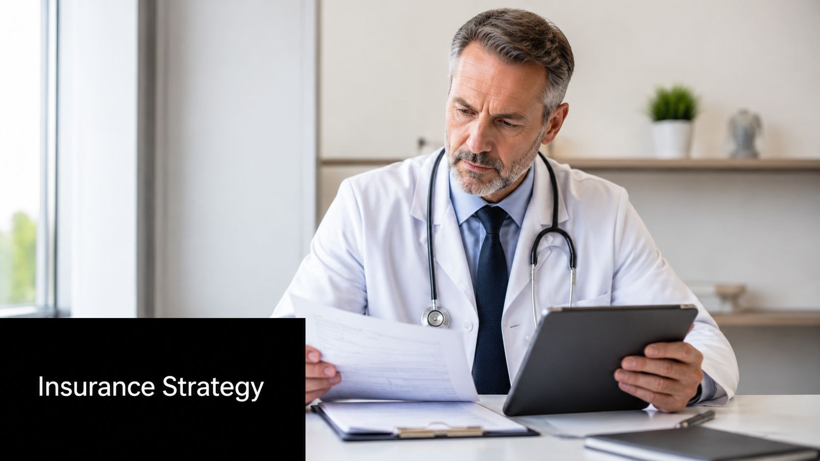 A professional doctor in a white coat reviewing medical paperwork and a tablet at his office desk.