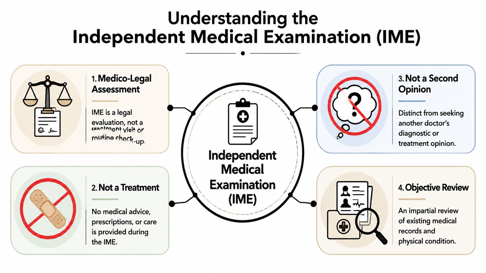An infographic titled Understanding the Independent Medical Examination showing its four key characteristics with icons.