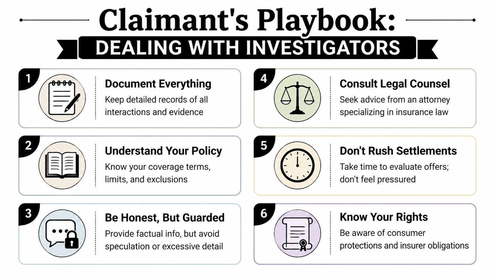 An infographic titled Claimant's Playbook offering six numbered tips for individuals dealing with insurance investigators.