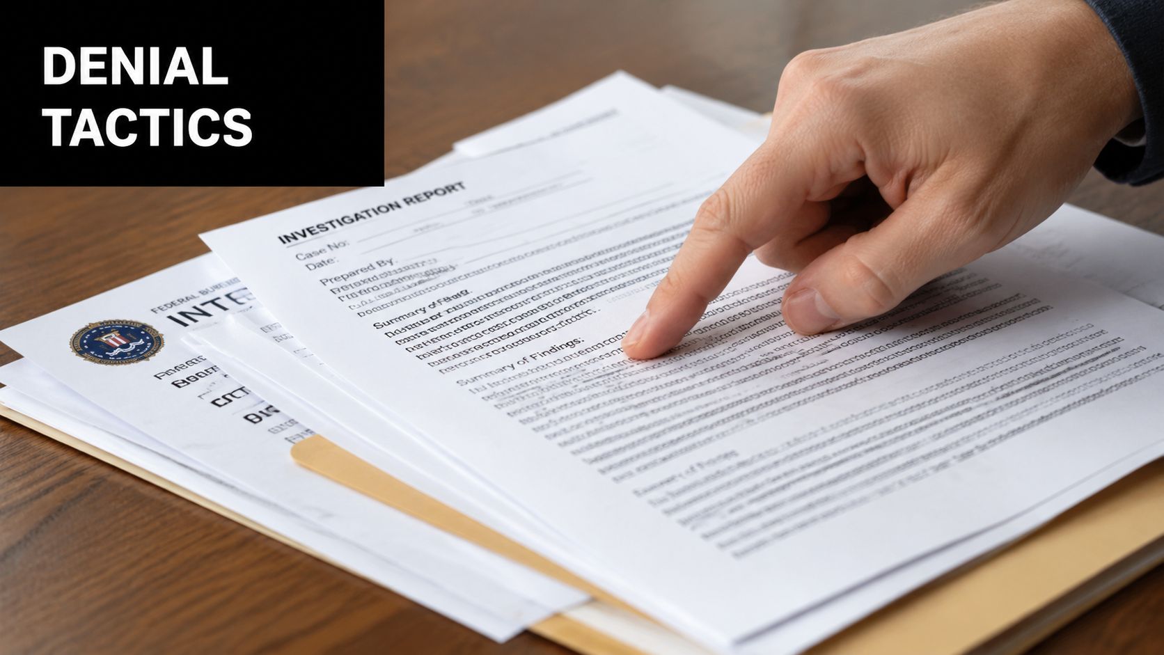 A person's hand points to a legal document titled Investigation Report on a wooden desk surface.