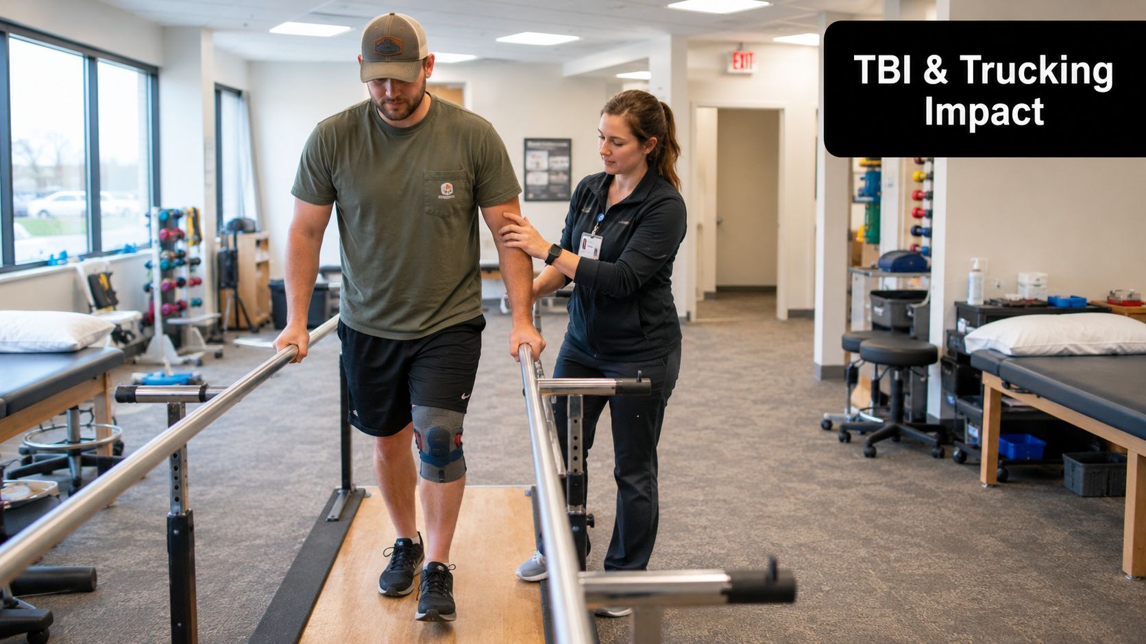 A male patient with a knee brace walking between parallel bars with assistance from a physical therapist.