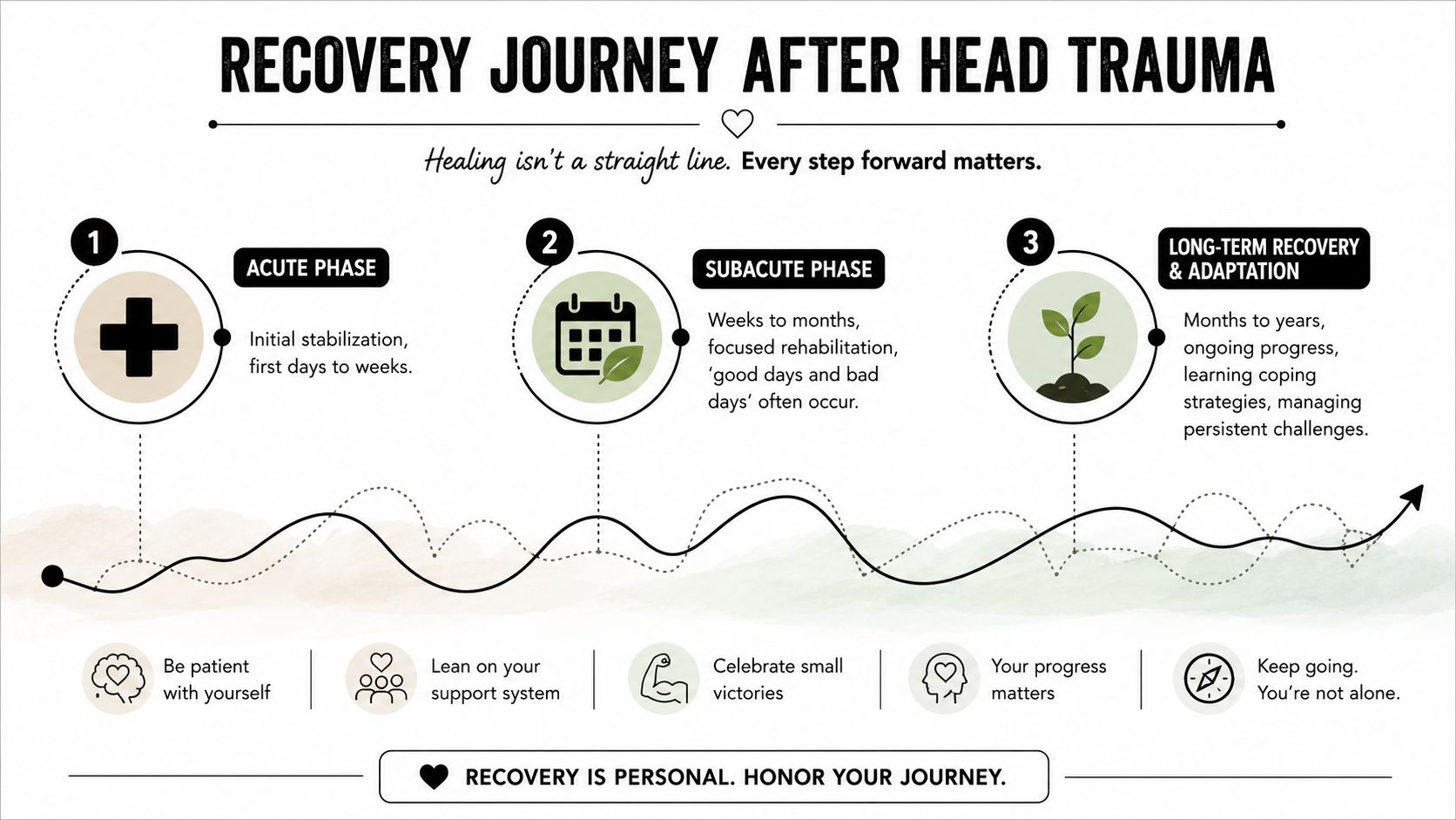 An infographic showing the three phases of recovery after head trauma: acute, subacute, and long-term recovery.