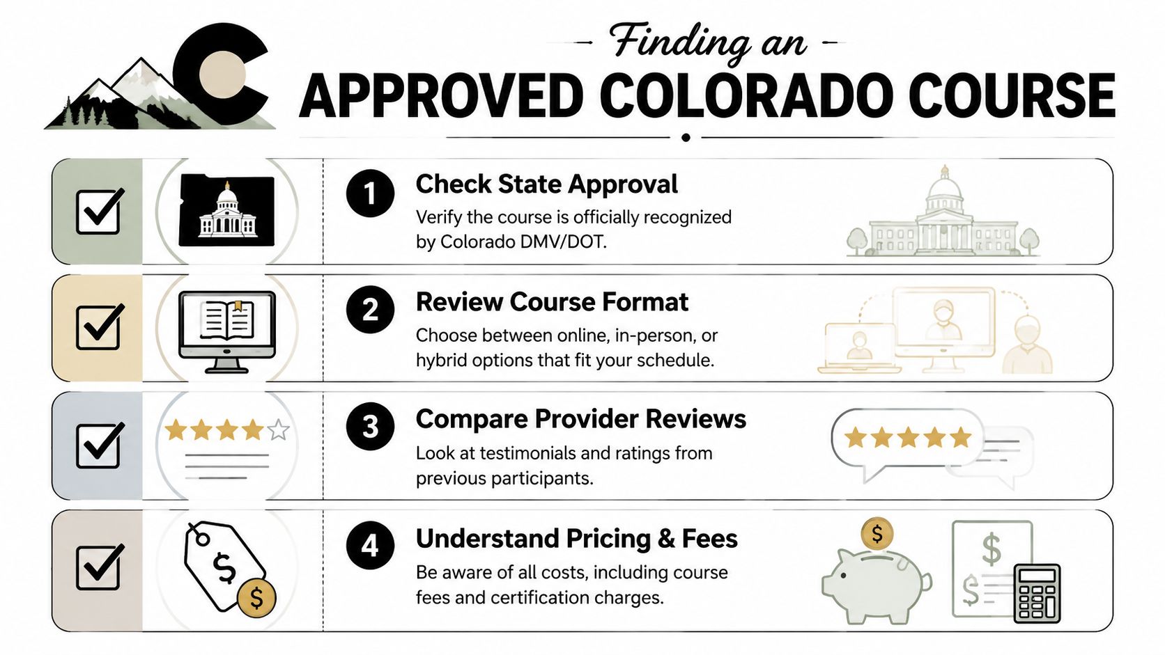An infographic detailing four essential steps for selecting an approved motor vehicle accident prevention course in Colorado.