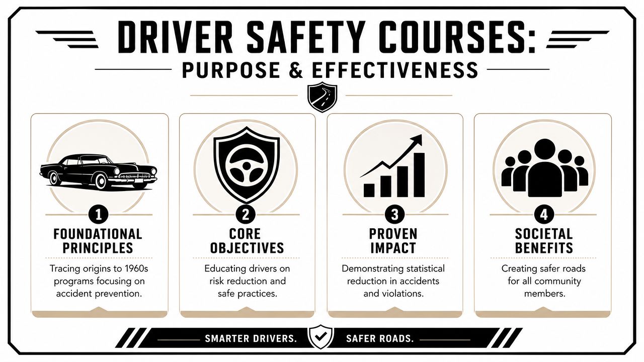 An infographic titled Driver Safety Courses explaining their foundational principles, core objectives, proven impact, and societal benefits.