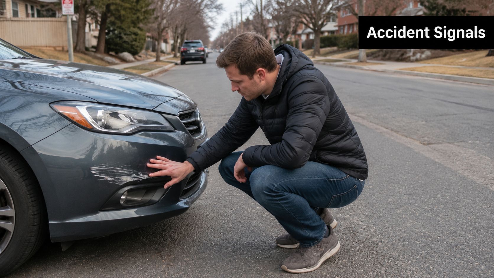 A man in a black jacket inspecting damage on the front bumper of his car after an accident.