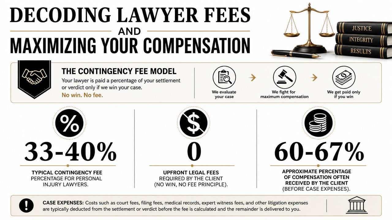 An infographic explaining the contingency fee model for personal injury lawyers and how client compensation is calculated.